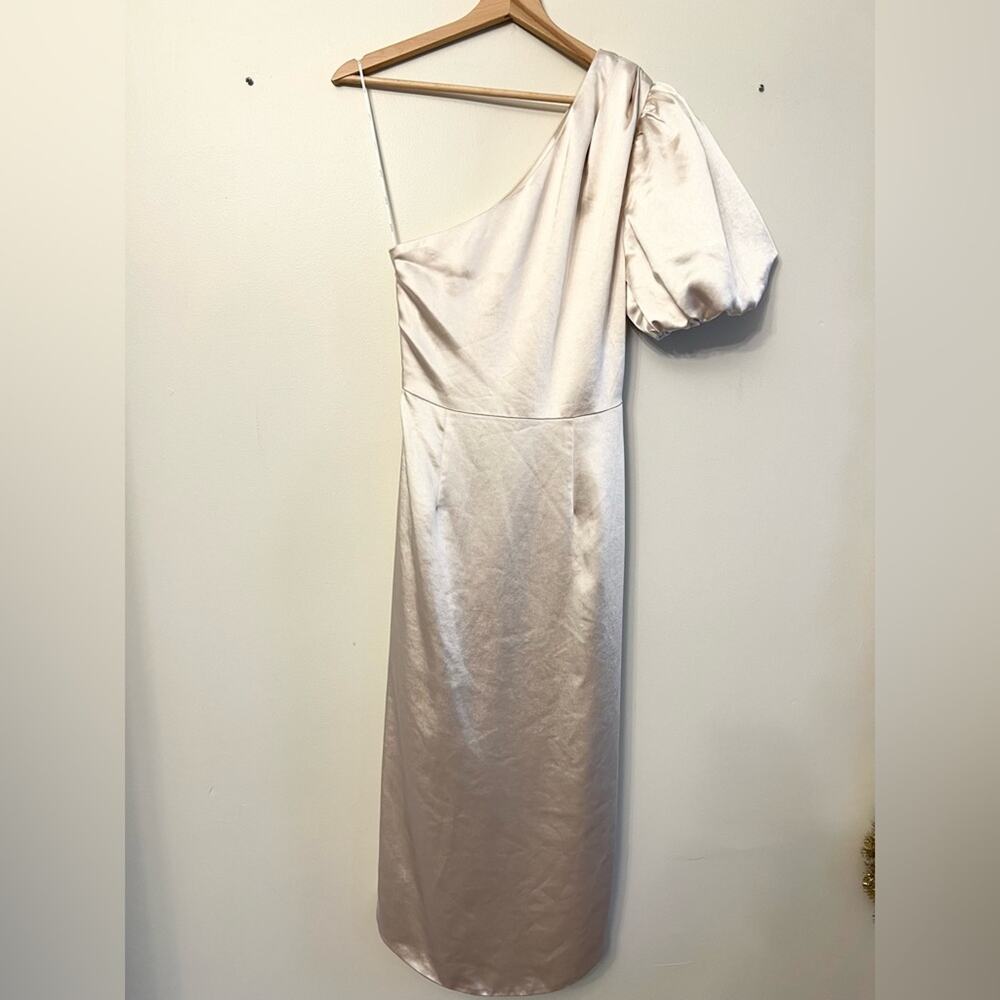 ELLIATT Cinda Satin Midi Dress in Pearl one shoulder puff sleeve bridal revolve - Picture 11 of 16